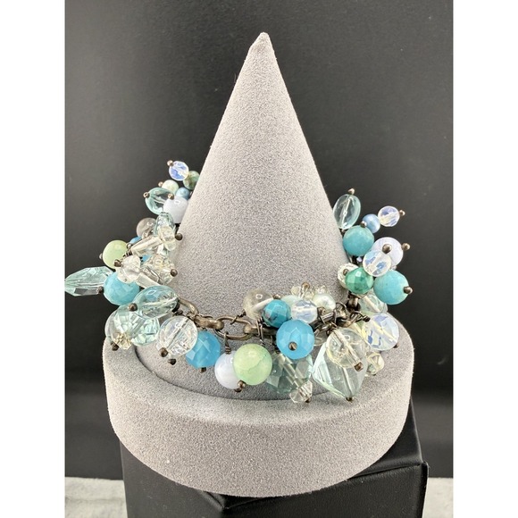 Estate Jewelry - Vintage Beaded Bracelet Blue Beads Rhinestone Silver Tone 7"‎